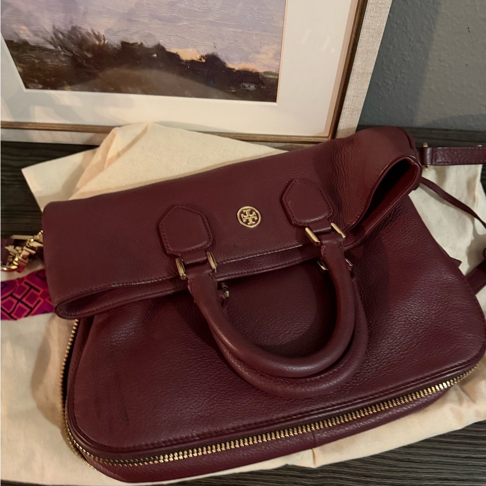 Tory Burch Maroon Leather Satchel with Gold Hardware